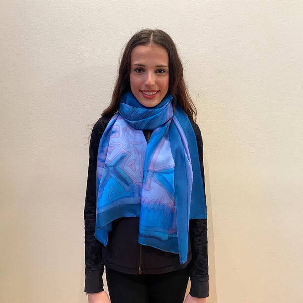 Large hand painted silk blue shawl, 22" x 70"