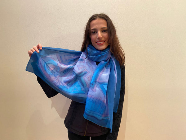 Large hand painted silk blue shawl, 22" x 70"