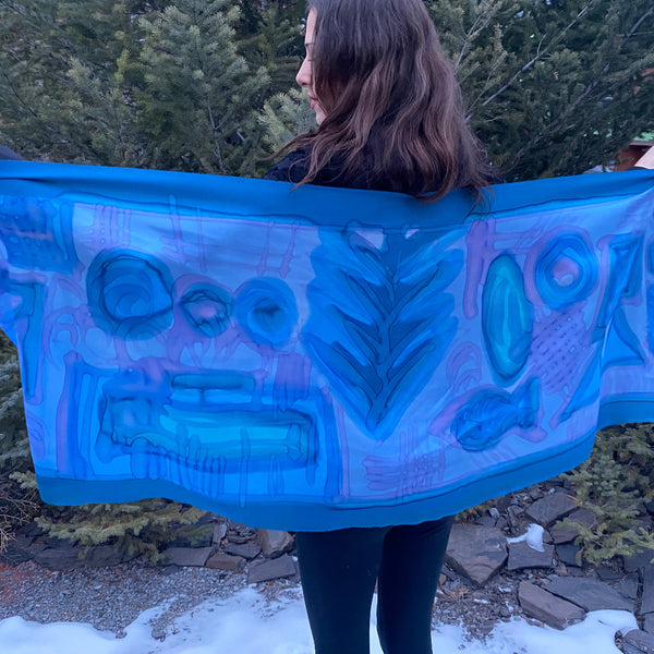 Large hand painted silk blue shawl, 22" x 70"