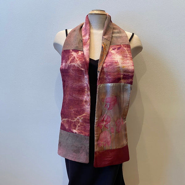 Burgundy hand-painted and hand-felted silk scarf with flowers. Art to wear. Double sided.