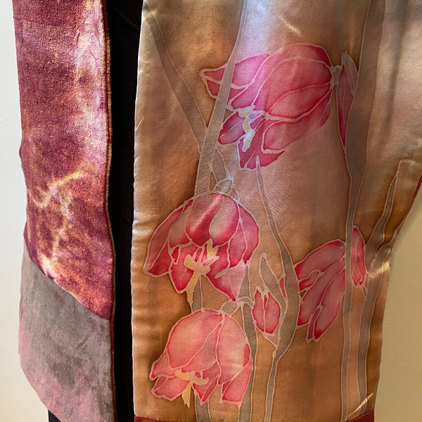 Burgundy hand-painted and hand-felted silk scarf with flowers. Art to wear. Double sided.