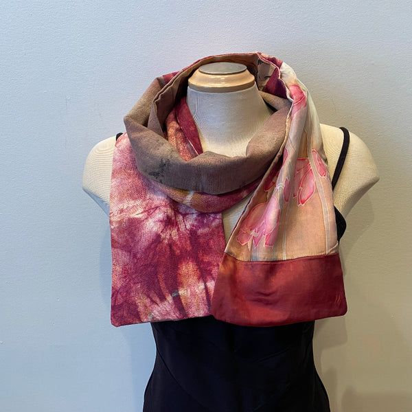 Burgundy hand-painted and hand-felted silk scarf with flowers. Art to wear. Double sided.