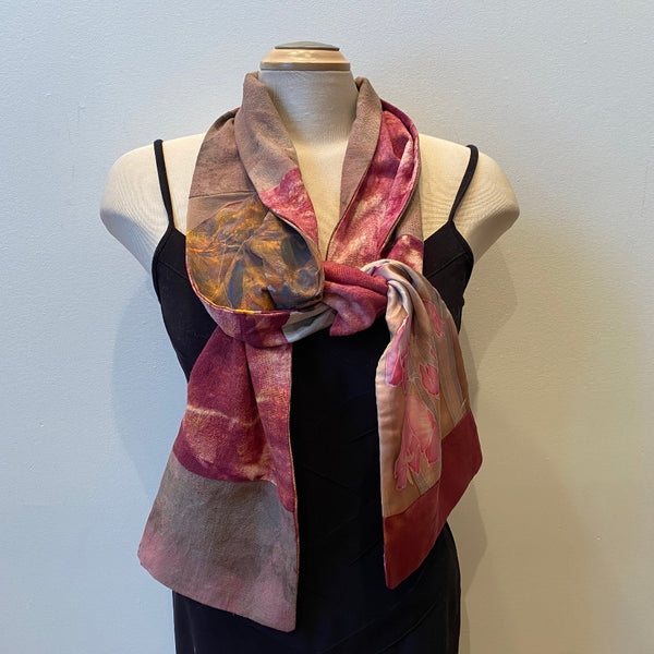 Burgundy hand-painted and hand-felted silk scarf with flowers. Art to wear. Double sided.