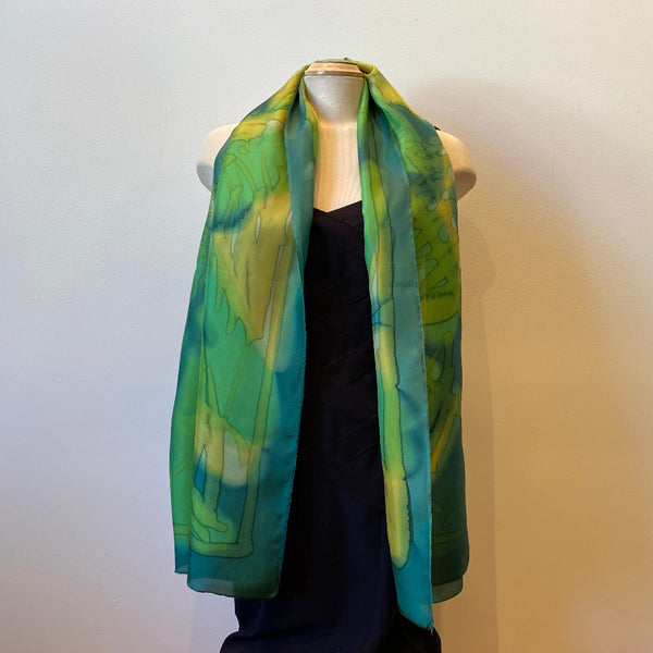 Green hand painted large silk shawl, art to wear. Designer art scarf.