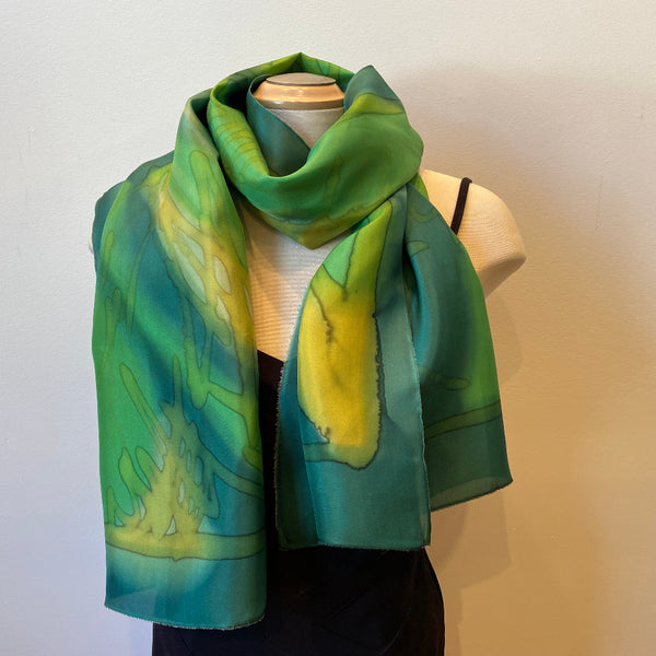 Green hand painted large silk shawl, art to wear. Designer art scarf.