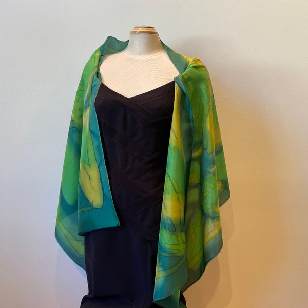 Green hand painted large silk shawl, art to wear. Designer art scarf.