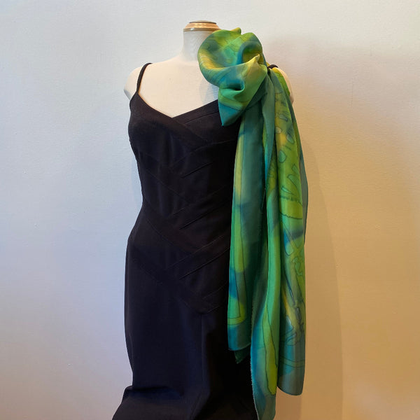 Green hand painted large silk shawl, art to wear. Designer art scarf.