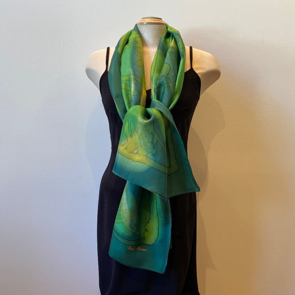 Green hand painted large silk shawl, art to wear. Designer art scarf.