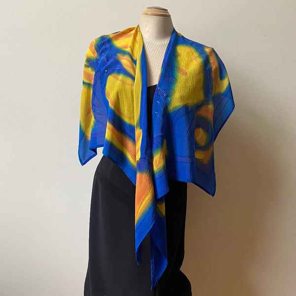 Blue and yellow large wrap, scarf, shawl, handpainted silk, art to wear. Designer art scarf.
