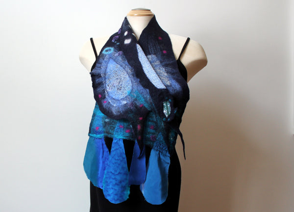 Navy blue hand felted wool and silk scarf,  art to wear