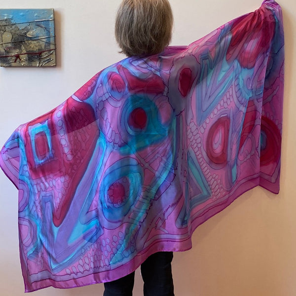 Pink handpainted silk wrap, designer scar, artwear