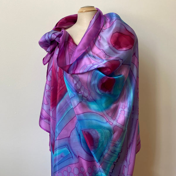 Pink handpainted silk wrap, designer scar, artwear