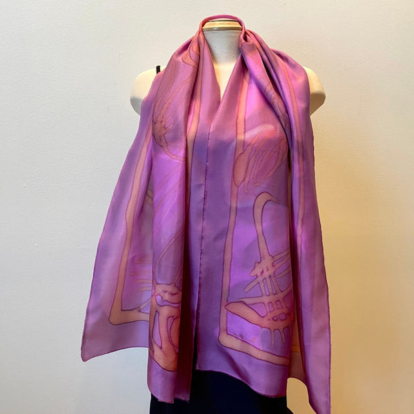 Pink and fuchsia large painted hand silk shawl, art scarf, art to wear, designer scarf