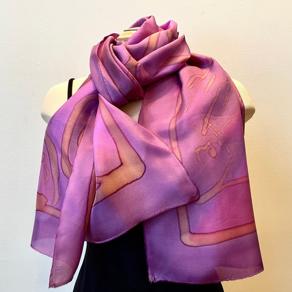 Pink and fuchsia large painted hand silk shawl, art scarf, art to wear, designer scarf