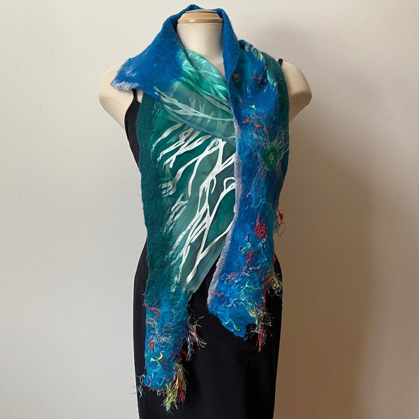 Green and blue hand felted and hand painted silk and wool designer scarf, art to wear.