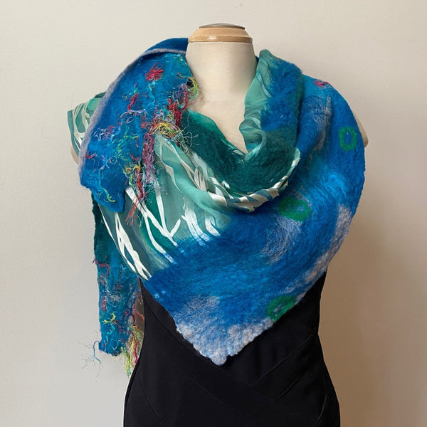 Green and blue hand felted and hand painted silk and wool designer scarf, art to wear.