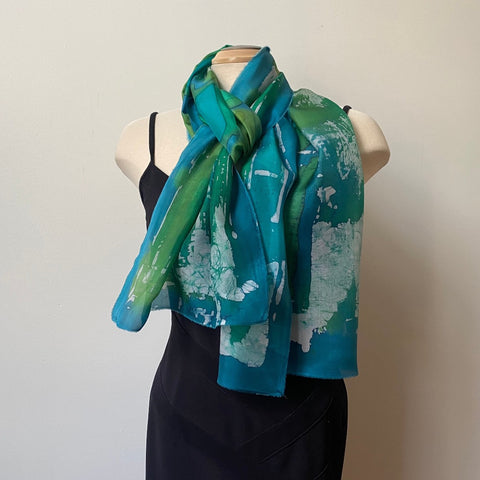 Green batik hand painted silk scarf, art to wear, designer scarf, art scarf