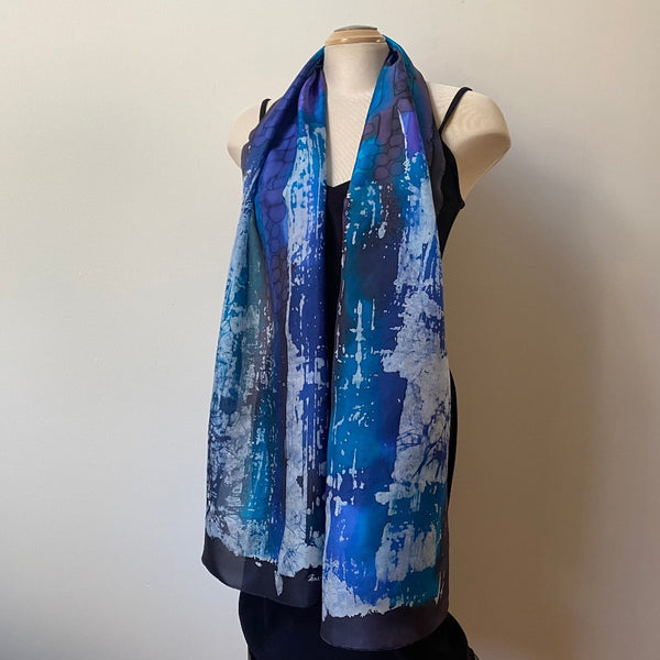 blue and black silk batik art scarf, designer scarf, art to wear, rozome