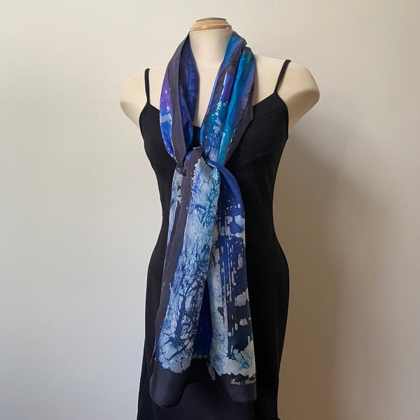 blue and black silk batik art scarf, designer scarf, art to wear, rozome