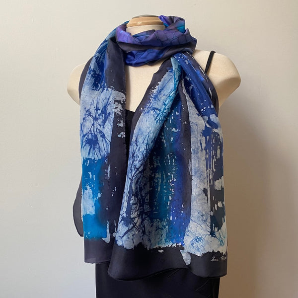 blue and black silk batik art scarf, designer scarf, art to wear, rozome