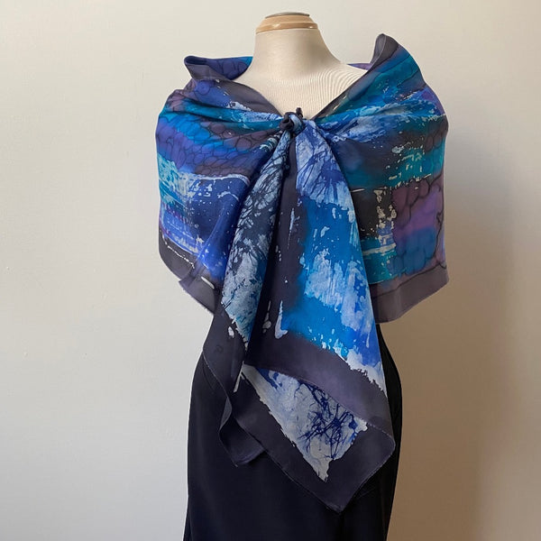 blue and black silk batik art scarf, designer scarf, art to wear, rozome