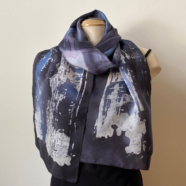 Black, grey and white batik silk scarf, art to wear