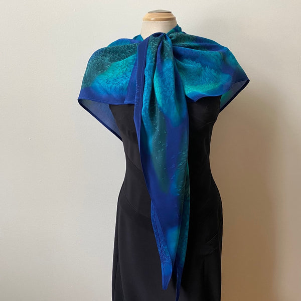 Blue and green hand painted silk poncho style art scarf, designer art to wear, evening wear, wedding, bridesmaids, special occassions.