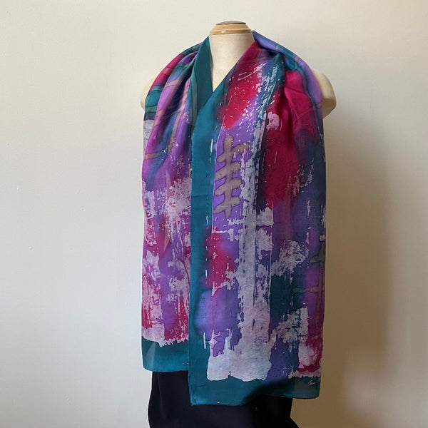 Batik silk scarf, designer art scarf, hand painted silk scarf, green and fuchsia scarf