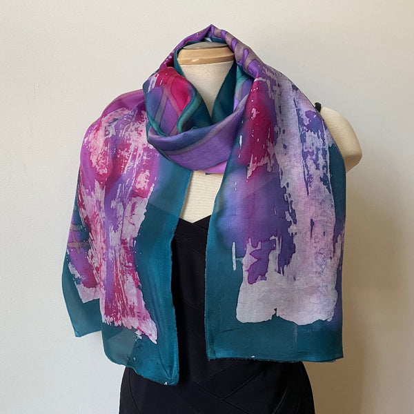 Batik silk scarf, designer art scarf, hand painted silk scarf, green and fuchsia scarf