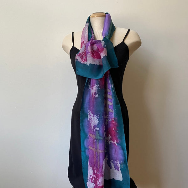 Batik silk scarf, designer art scarf, hand painted silk scarf, green and fuchsia scarf