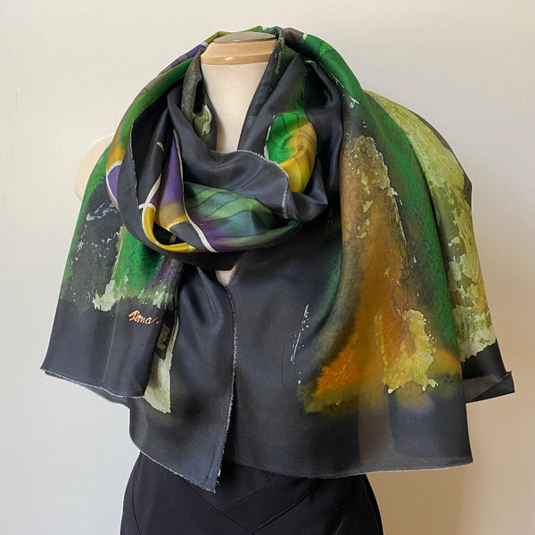 Silk batik large shawl in black and green, art to wear, designer art scarf, 22"x70"