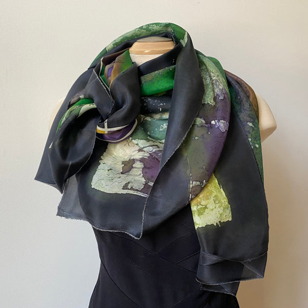 Silk batik large shawl in black and green, art to wear, designer art scarf, 22"x70"