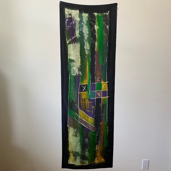 Silk batik large shawl in black and green, art to wear, designer art scarf, 22"x70"