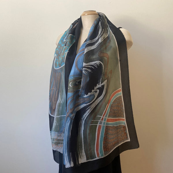 Batik hand painted silk scarf, abstract painting, rozome. 18" x 70"