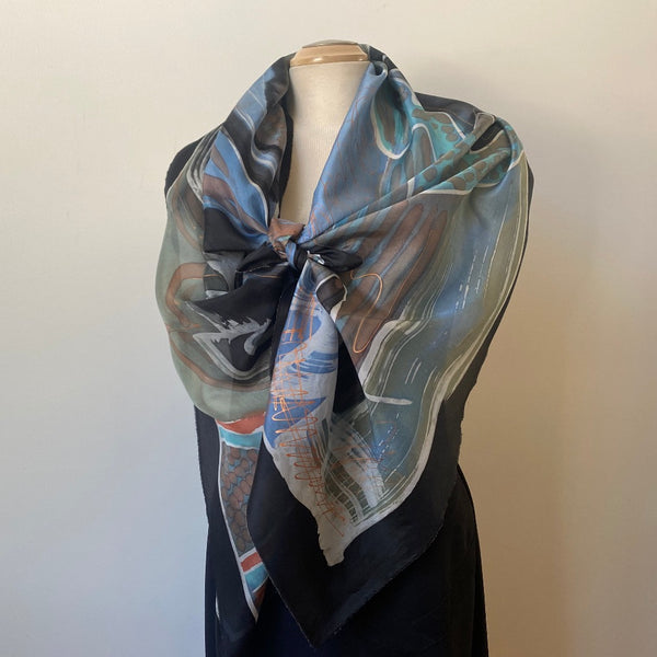 Batik hand painted silk scarf, abstract painting, rozome. 18" x 70"