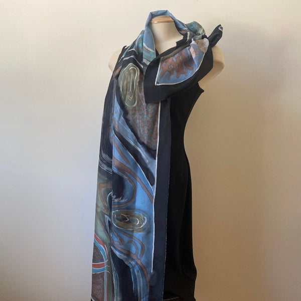 Batik hand painted silk scarf, abstract painting, rozome. 18" x 70"