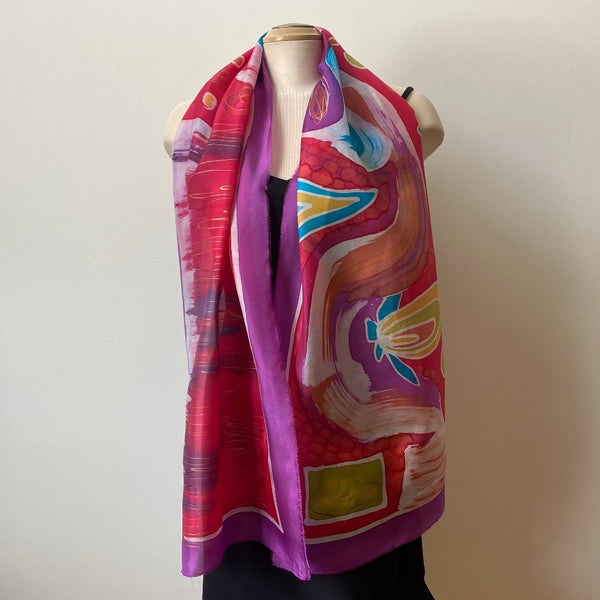 Red and fuchsia bright batik silk scarf, hand painted, abstract art, art to wear, avantgarde accessories, 18"x70"