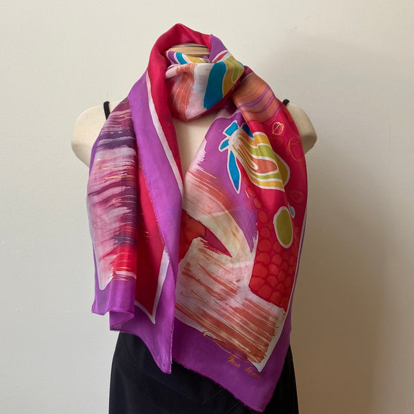Red and fuchsia bright batik silk scarf, hand painted, abstract art, art to wear, avantgarde accessories, 18"x70"