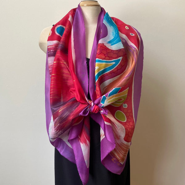 Red and fuchsia bright batik silk scarf, hand painted, abstract art, art to wear, avantgarde accessories, 18"x70"