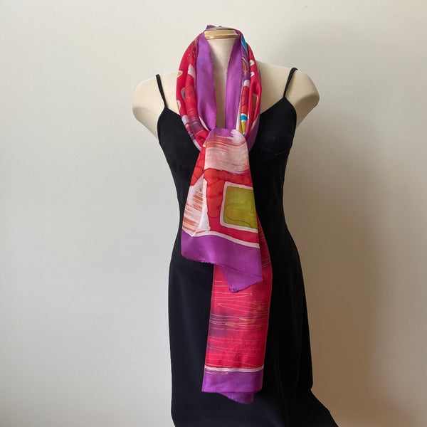 Red and fuchsia bright batik silk scarf, hand painted, abstract art, art to wear, avantgarde accessories, 18"x70"