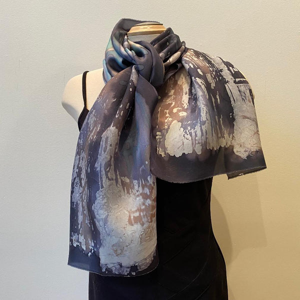 Batik silk scarf, art to wear, black and gray designer scarf