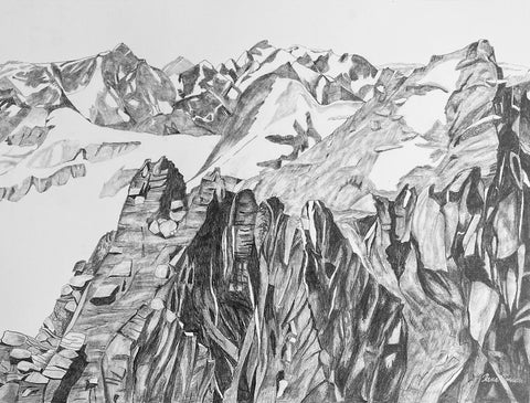 Graphite drawing of mountains on hot press Arches paper. Glacier Park in British Columbia.