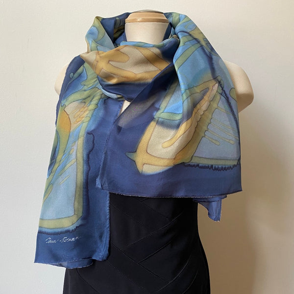 Hand painted silk designer scarf, art to wear, navy and taupe silk scarf