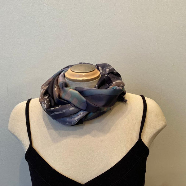 Batik silk scarf, art to wear, black and gray designer scarf