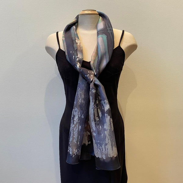 Batik silk scarf, art to wear, black and gray designer scarf