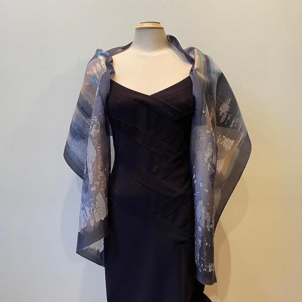 Batik silk scarf, art to wear, black and gray designer scarf