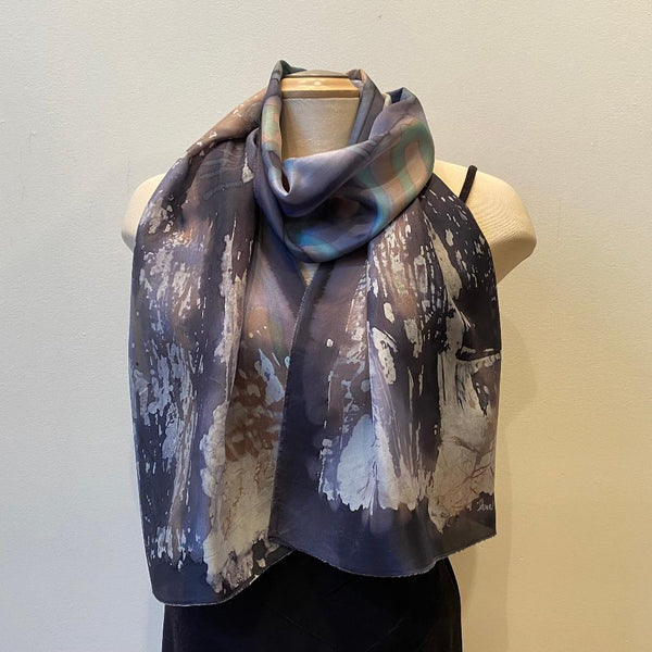 Batik silk scarf, art to wear, black and gray designer scarf