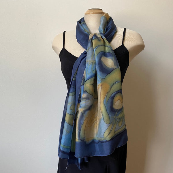 Hand painted silk designer scarf, art to wear, navy and taupe silk scarf