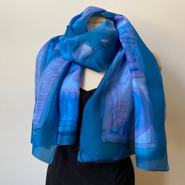 Large hand painted silk blue shawl, 22" x 70"
