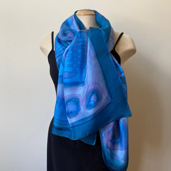Large hand painted silk blue shawl, 22" x 70"